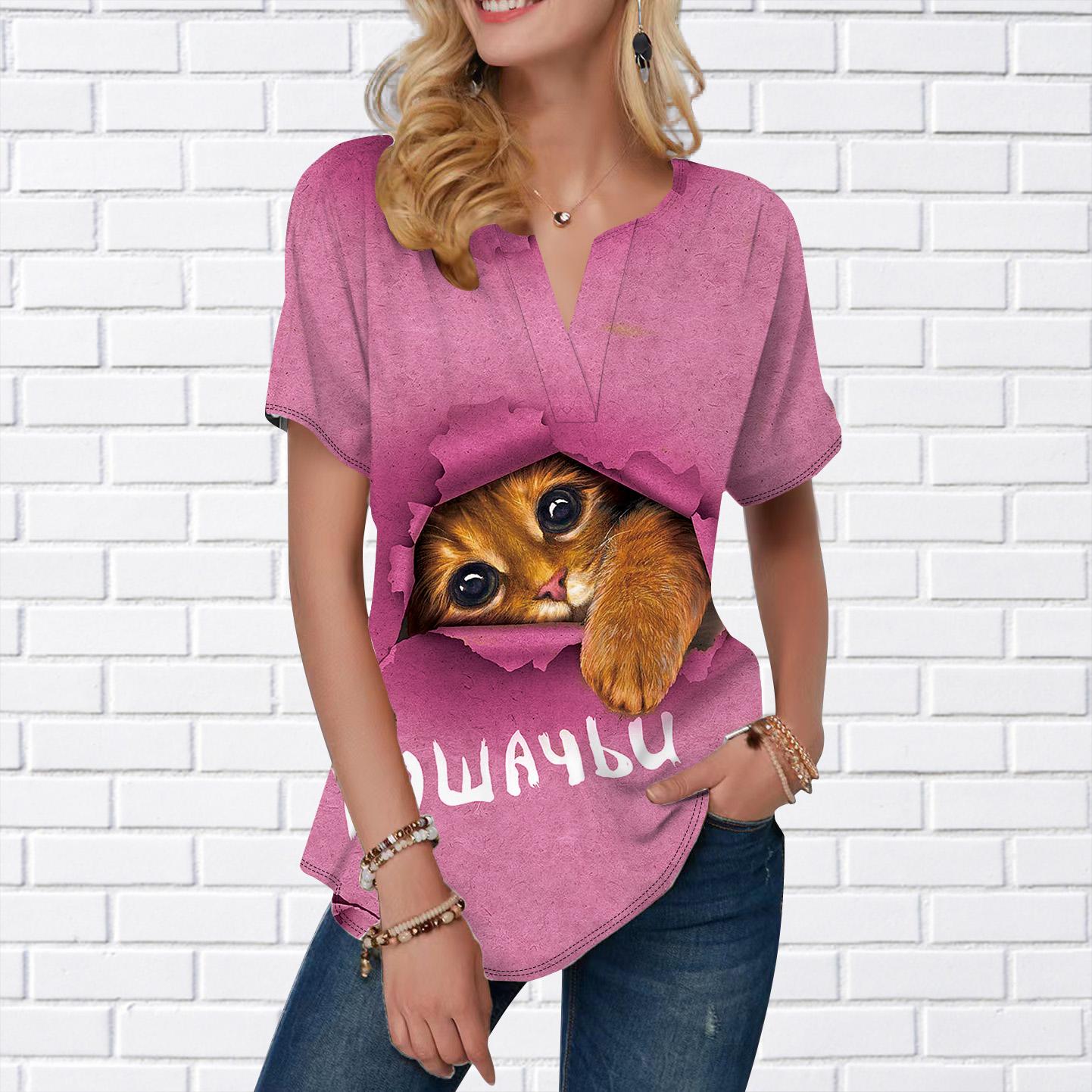 

Женская летняя футболка с принтом пони и кота, футболки с коротким рукавом, повседневные топы с принтом, небольшой V-образный вырез, короткие рукава 8XL розовый