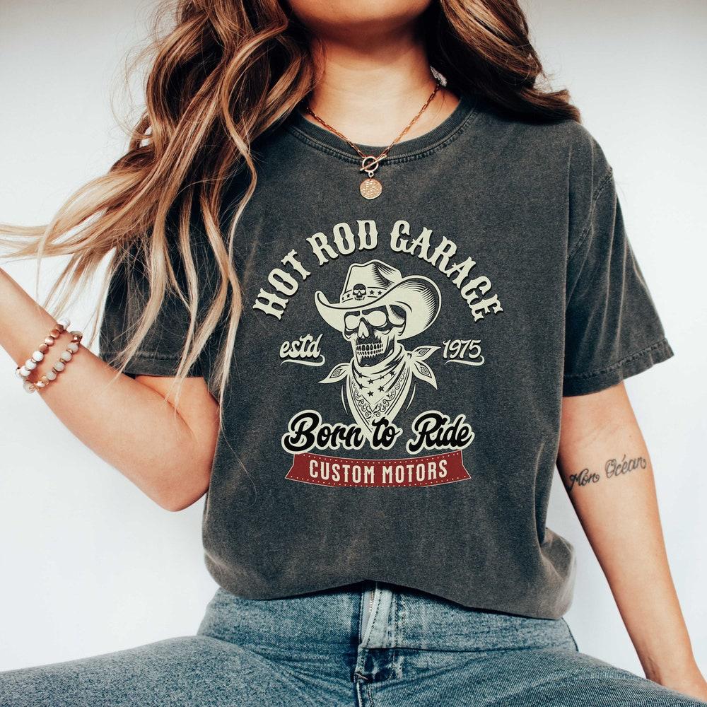Hot Rod Garage Motorcycle Club Shirt, Born to Ride, Biker Chick Lady Rider Motorcycle Girl Biker Motorcycle Merch Custom Motorcycle Est 1975 XL