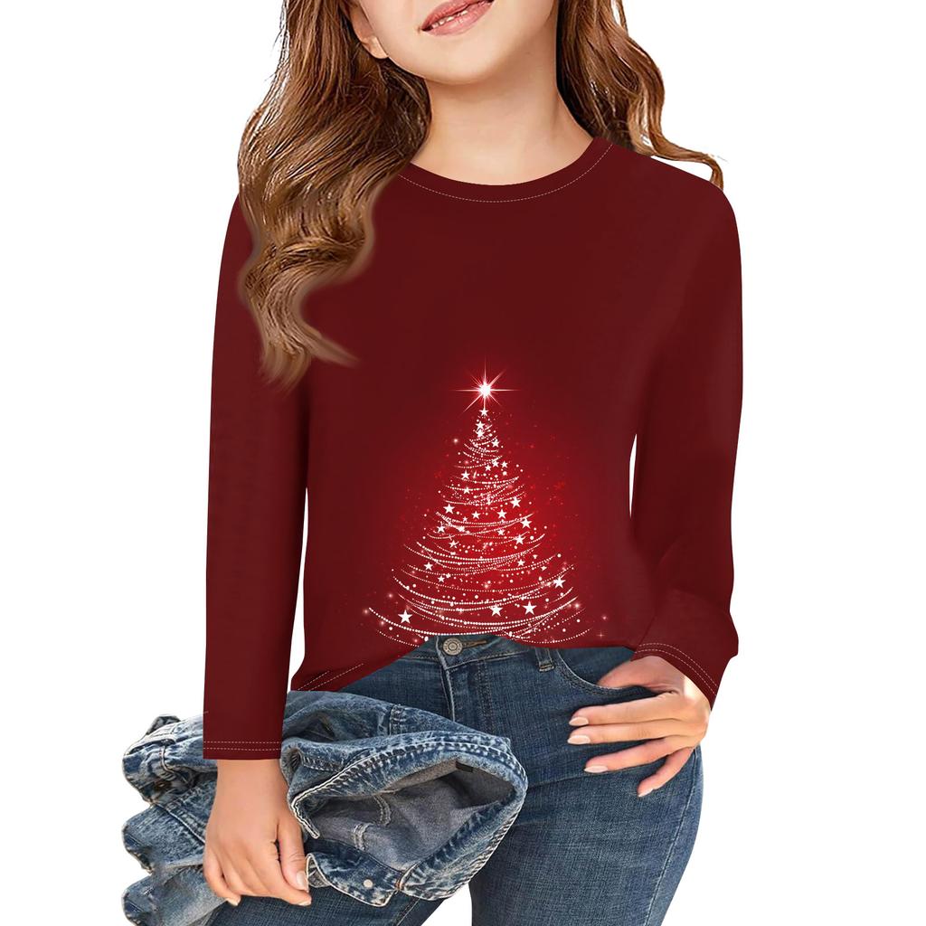Christmas Day Girls Long Sleeve T Shirts Kids Fall Tops Crewneck Printed Basic Tees