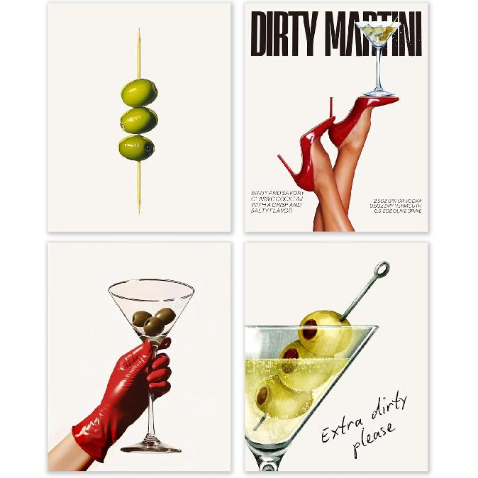 BESERH Dirty Martini Gifts Wall Decor, Trendy Cocktail Wall Art Prints, Funky Martini Cocktail Posters for Home Kitchen Par Pub Tavern Drunkery, 8x10