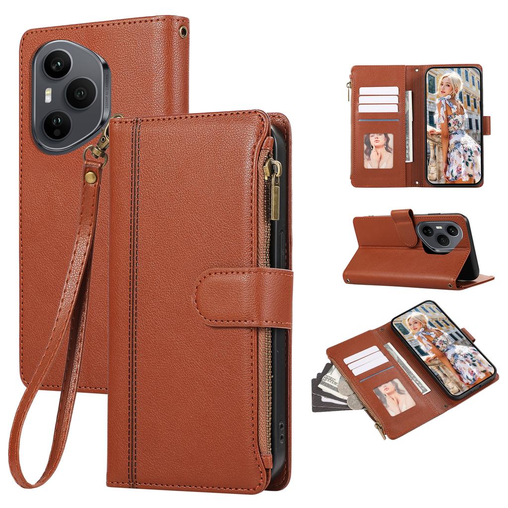 Dla Honor 400 Pro 5G (Światowy) Etui z wieloma przegródkami na karty, zapinane na zamek, skórzane etui na telefon z paskiem na nadgarstek