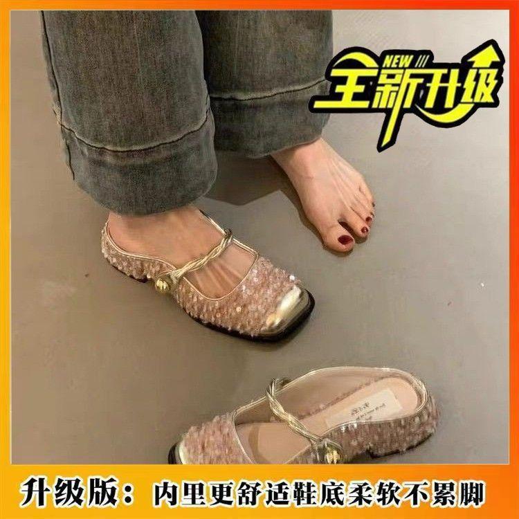 Gentle Daughter Feeling! Celebrity Style Bag Head Half Slippers Year Summer Thick Heel Mary Jane Single Shoes
