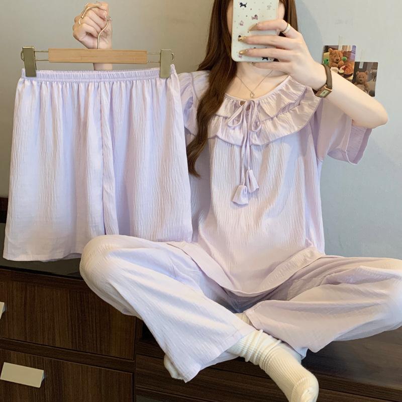 

Princess Purple White Pajamas Women S Summer Thin Short-Sleeved High-Value Loungewear Cloud Cotton Three-Piece Set 2XL