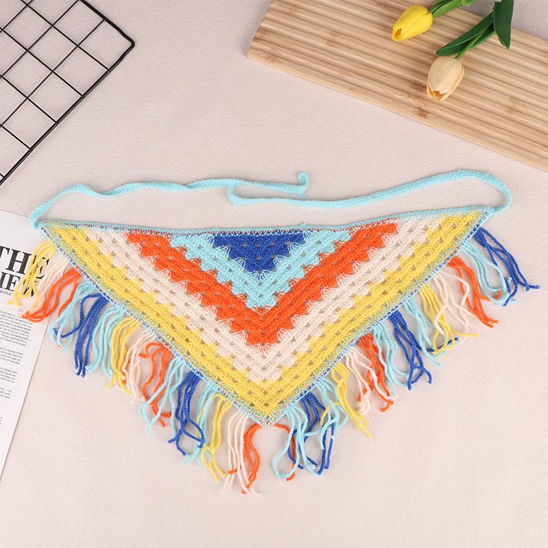 

Ажурная треугольная косынка ручной вязки, богемный тюрбан, шарф для волос, многофункциональное использование, этнический стиль, пояс, декор синий