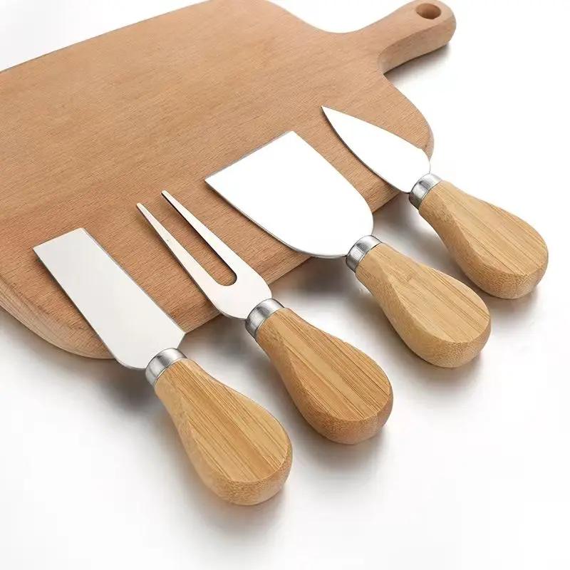 4pcs/set Cheese Knives Wood Handle Cutlery Steel Stainless Cheese Slicer Cutter Butter Spatula ForK Cooking Tools With Tray