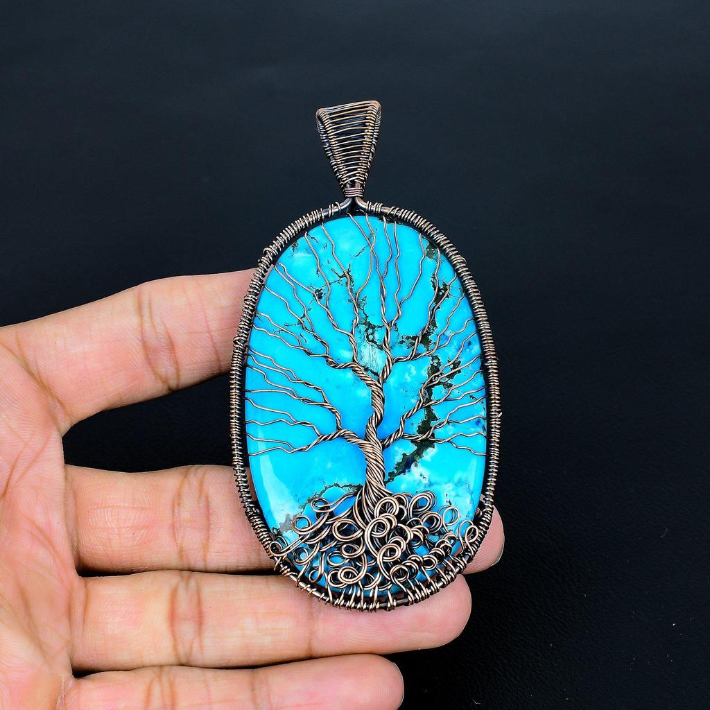 Tree Of Life Turquoise Pendant, Handmade Gemstone 999 Copper Wire Wrap Pendant Antique Jewelry, For Gift Copper Jewelry