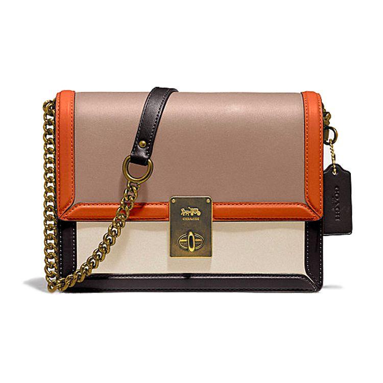 Coach Hutton Color Block Chain Leather Small Shoulder Bag Women Shoulder Bag Orange Brown Beige 89070-B4PTL Basic Set (Bag+Dust Bag)