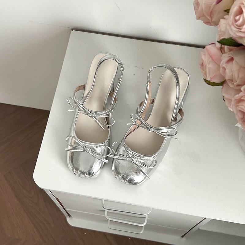 Silver Baotou Premium Mary Jane Sandals Thick Heel Bow Fairy Style French Pleated Single Shoes High Heel Sandals
