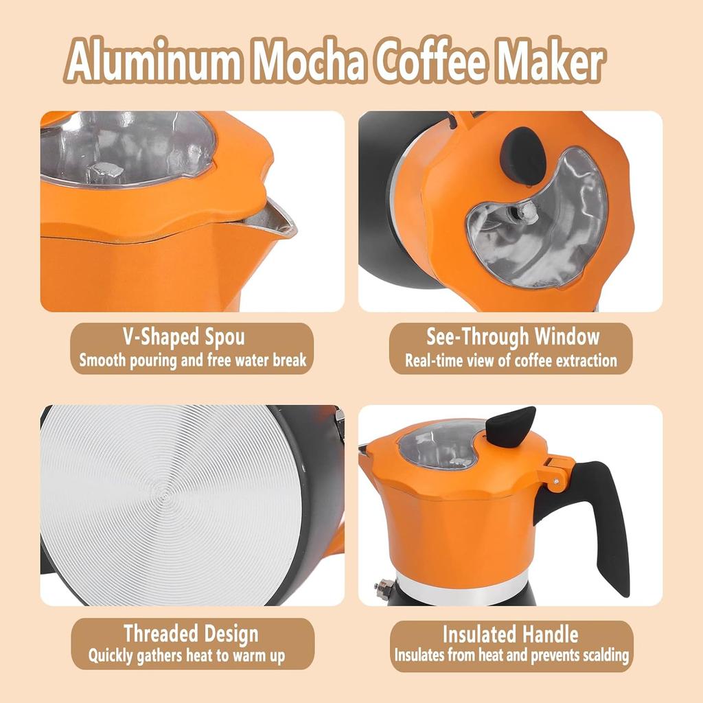 Aluminum Coffee Maker 150ML, Stovetop Moka Pot for Classic Italian and Cuban Cafe Brewing,15.2oz Orange and Black Octagonal Transparent Cover Cuban,