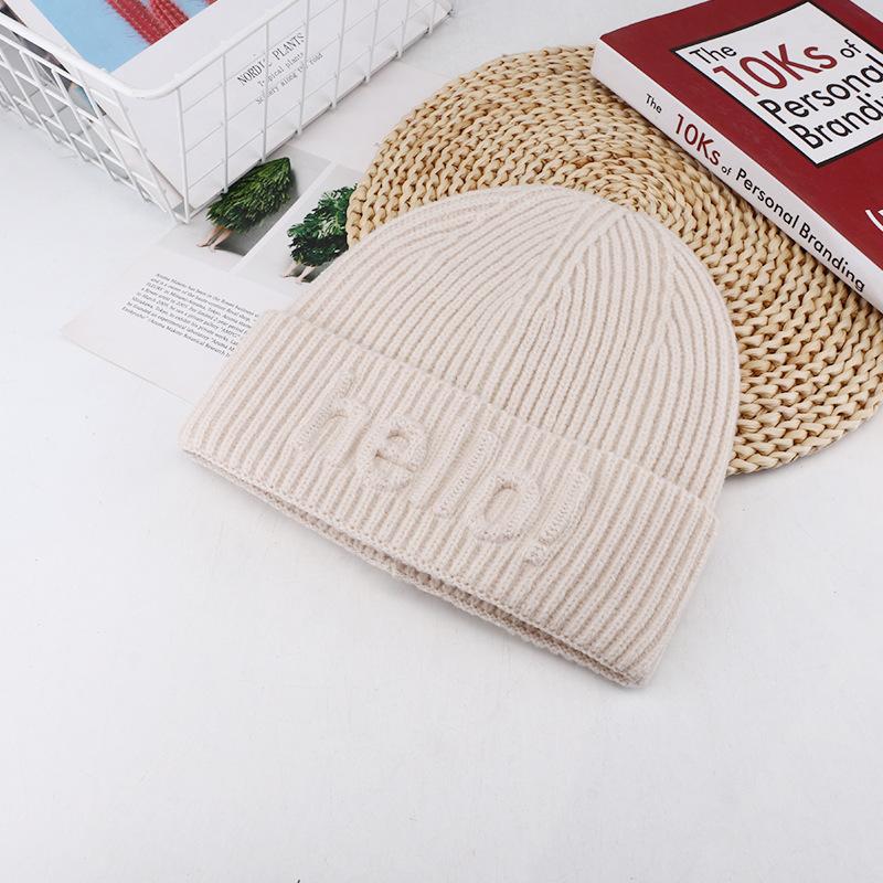 Korean Style Fashion Letter Printed Wool Hat for Women In Autumn and Winter Warm Pullover Cold Hat Showing Face Small Ear Protection Knit Hat Trendy