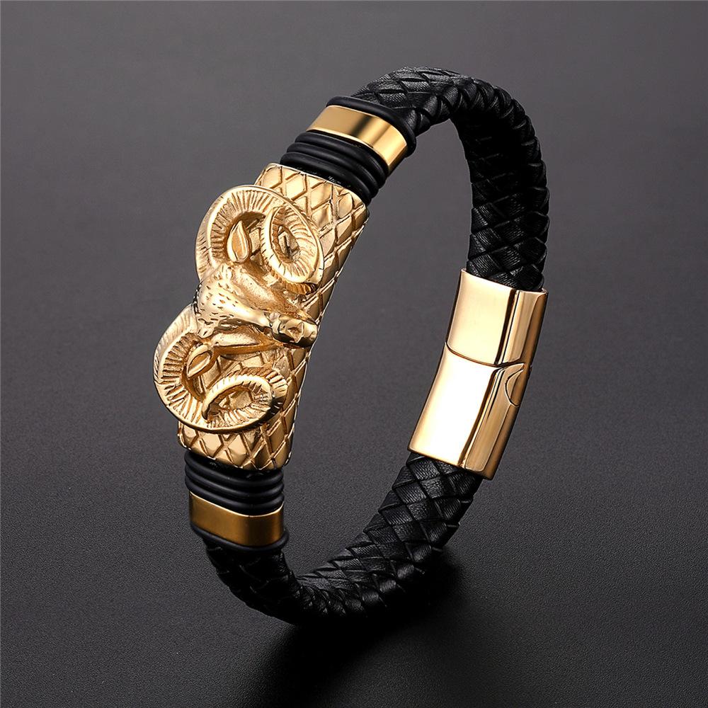 2026 European and American Men's Constellation Leather Bracelet Woven, Fashionable Titanium Steel Leather Rope Bracelet Men
