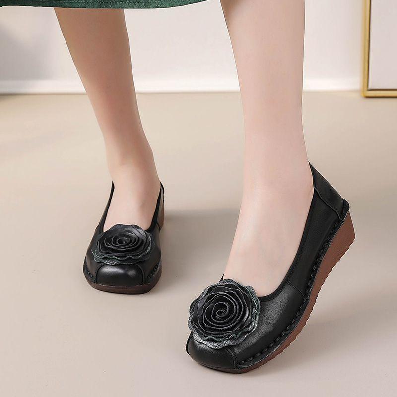 2025 Spring luxury cowhide leather shoes woman handmade flower flats retro wedged loafers ladies chic soft red dressy moccasins