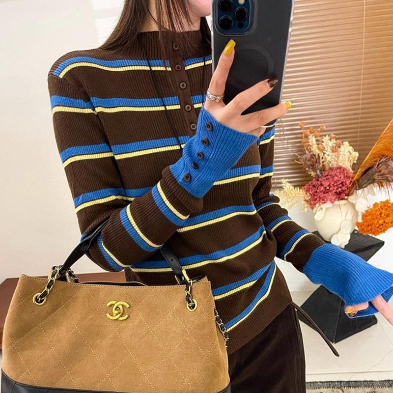 Small Stand-up Collar Stacked with Contrasting Striped Knitted Sweater, Autumn and Winter Button Retro Long-sleeved Top, and Sweater Inside for Women