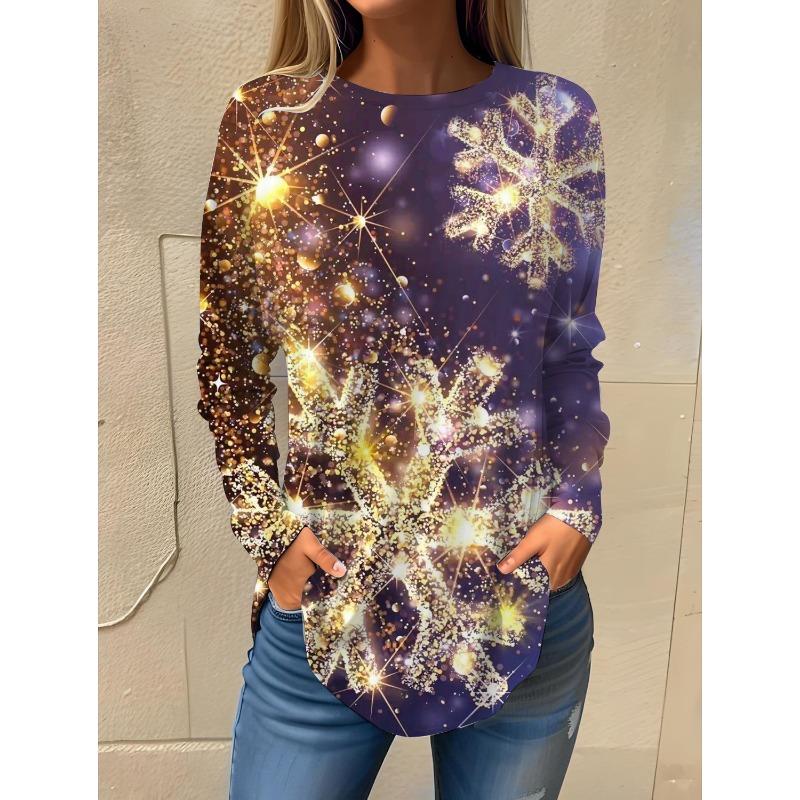 Camiseta de manga larga con cuello redondo y estampado 3D de copos de nieve con temática navideña, ropa de moda para mujer, ropa informal Y2K, ropa Harajuku para mujer