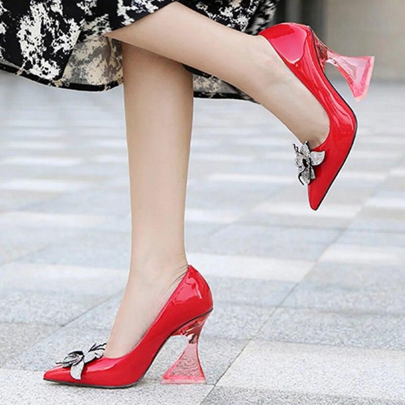 Women's Thick High Heels Crystal Diamond Flower Sexy Fashion Wedding Shoes Bridesmaid 10cm Heel WZ