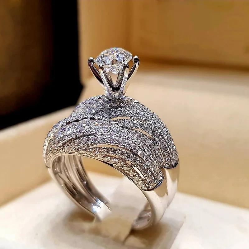 2 PCS/Set Series ! Trendy Milangirl White Crystal Round Ring Set For Women Girls Wedding Engagement Party Fashion