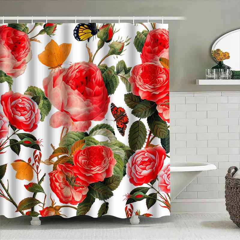 Watercolor-Style Floral Shower Curtains Featuring Red Roses, Orange Butterflies, Green Leaves And Pink Flowers Perfect For A Bat