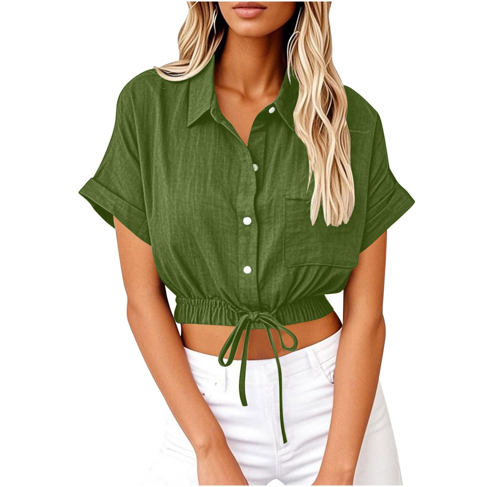 

Women s Summer Casual Drawstring Button Cardigan Shirt Color Cotton Blouse L
