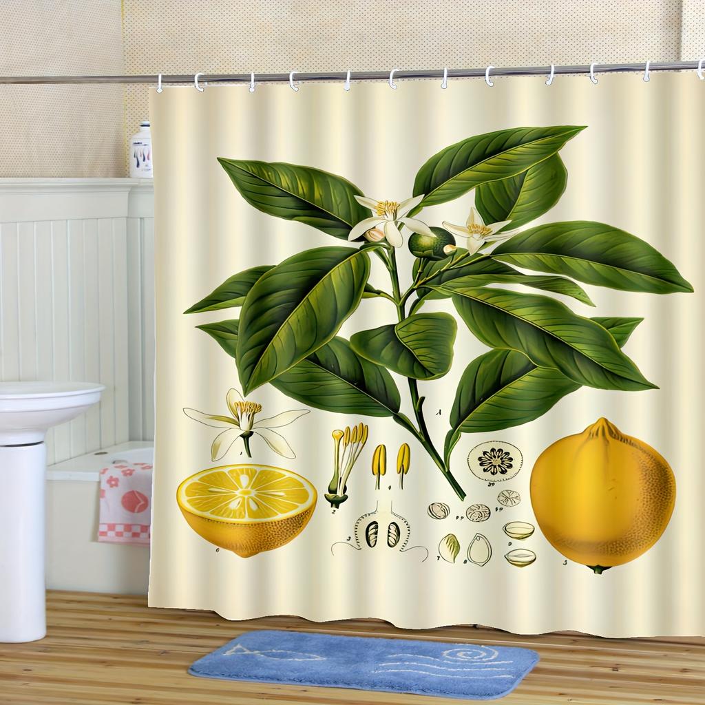 1pc of Modern Fresh Lemon Tree Fruit Floral Shower Curtain with Digital Print of Flowers And Green Leaves.
