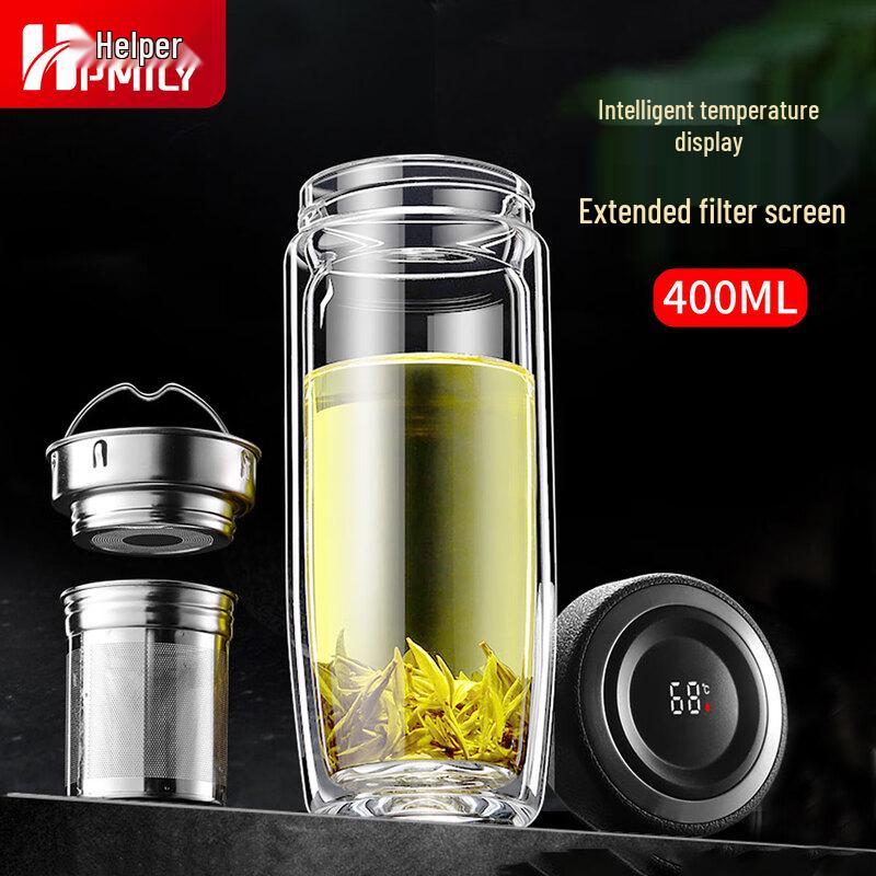 HPMILY Smart Temp Double-Layer Borosilicate Glass Tea Infuser Bottle 400ML