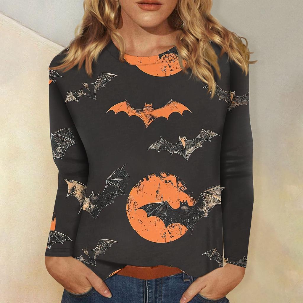 

Модная женская футболка с круглым вырезом и длинными рукавами с 3D цифровым принтом в виде летучих мышей на Хэллоуин 2XL