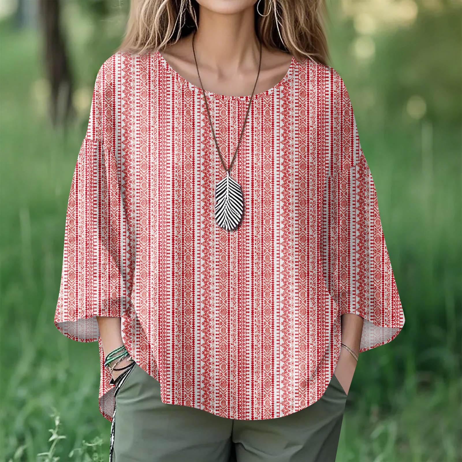 

Summer Tops For Women Cute O Neck 3/4 Sleeve Blouses Floral Print Top Casual Shirts XXL розовый