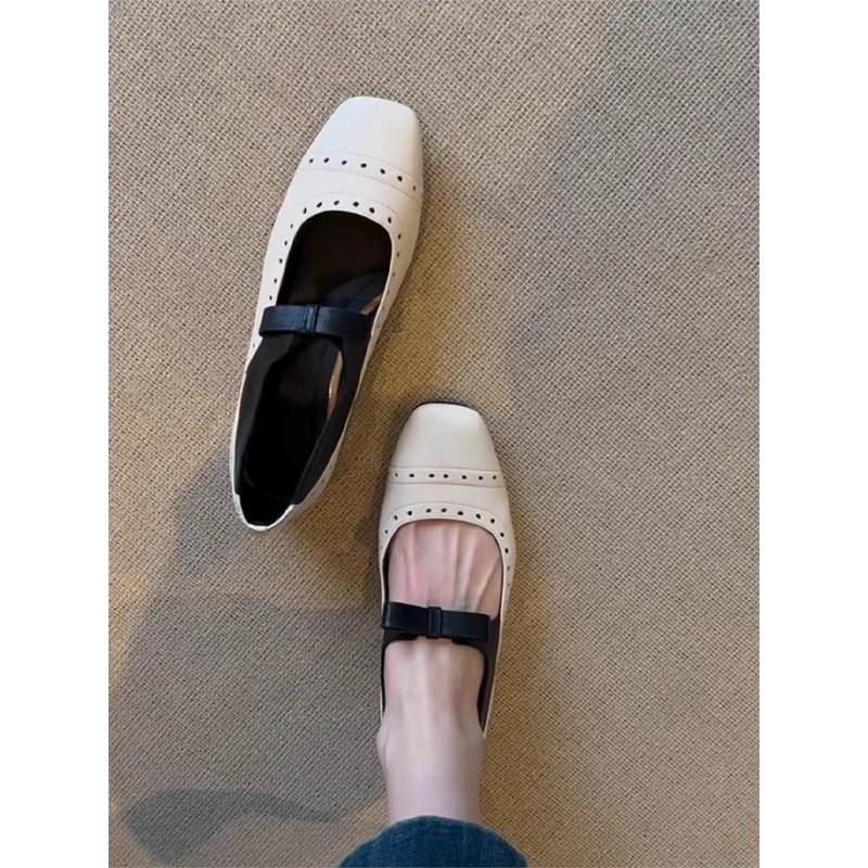 Leather French Low Heel Square Head Bow Light Mouth Single Shoes Femininity Versatile Commuter Soft Sole Ballet Mary Jane Shoes
