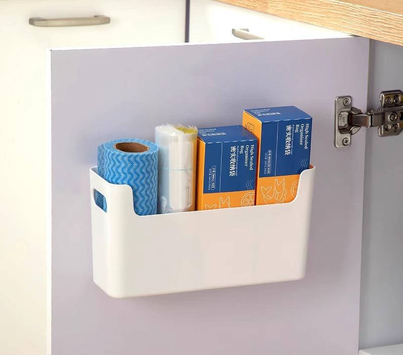 Kitchen Sundries Storage Boxes Cabinet Door Punch-Free Plastic Wrap Organization Bins Home Bathroom Wall Mounted Toiletriy Shelf