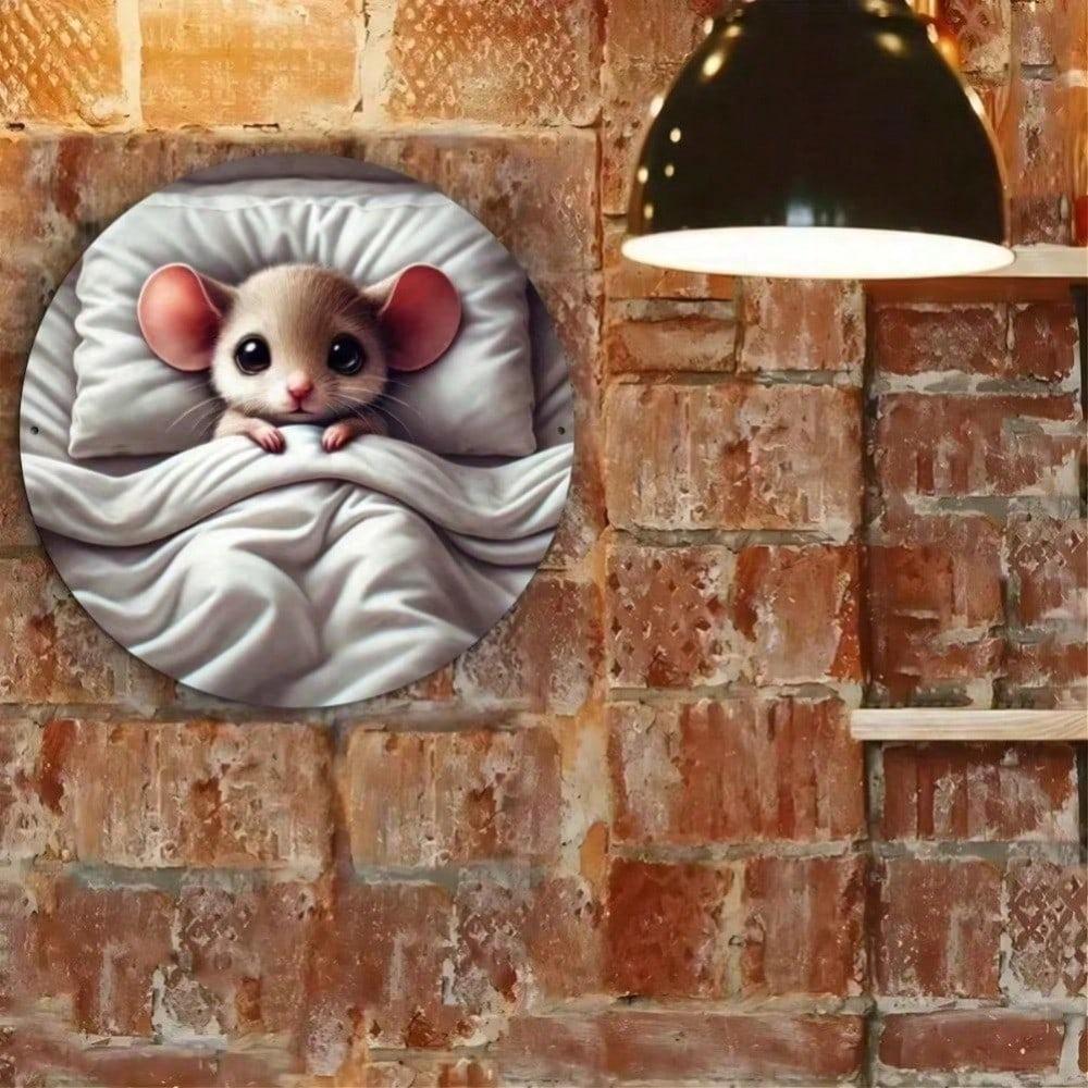 Cozy Mouse In Blanket Metal Sign 12 Inch Round Iron Wall Art for Home Farmhouse Cafe Winter Decor