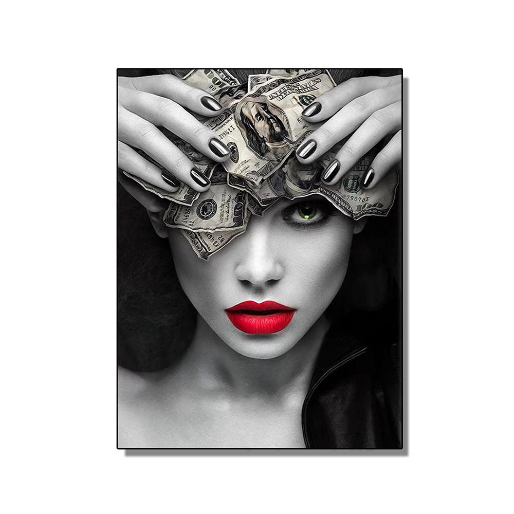 Sexy Woman Red Lips Burning Dollars Money Posters Canvas Painting Luxury Watch Fashion Wall Art Living Room Home Decor