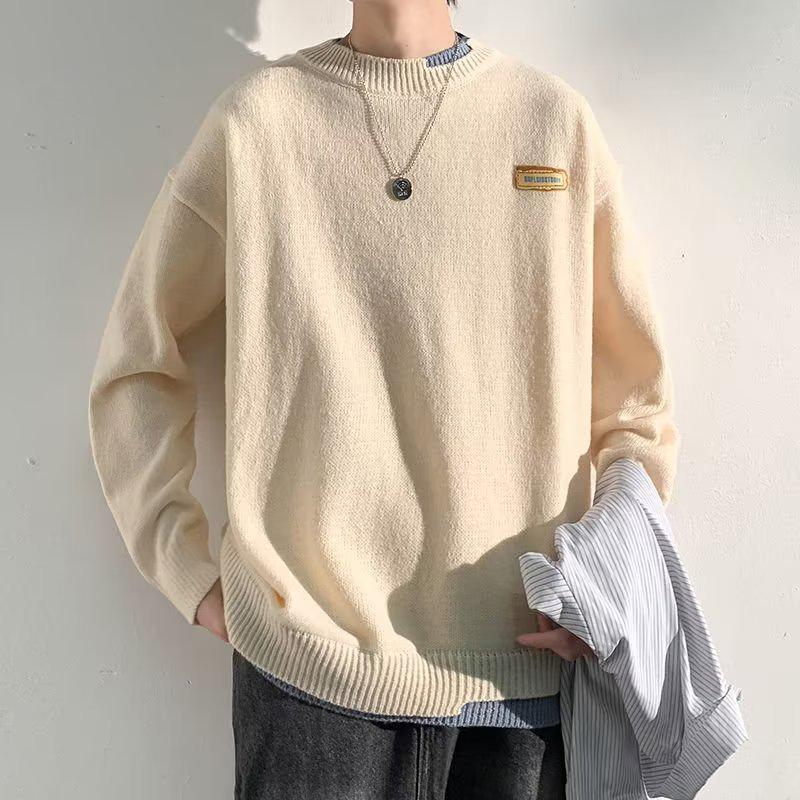 Hong Kong Style Men's Winter Fake Two-Piece Round Neck Sweater - Thick, Loose, Warm Knitwear