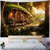 Forest wooden house tapestry landscape wall hanging, bedroom living room cartoon wall background poster, home art decoration
