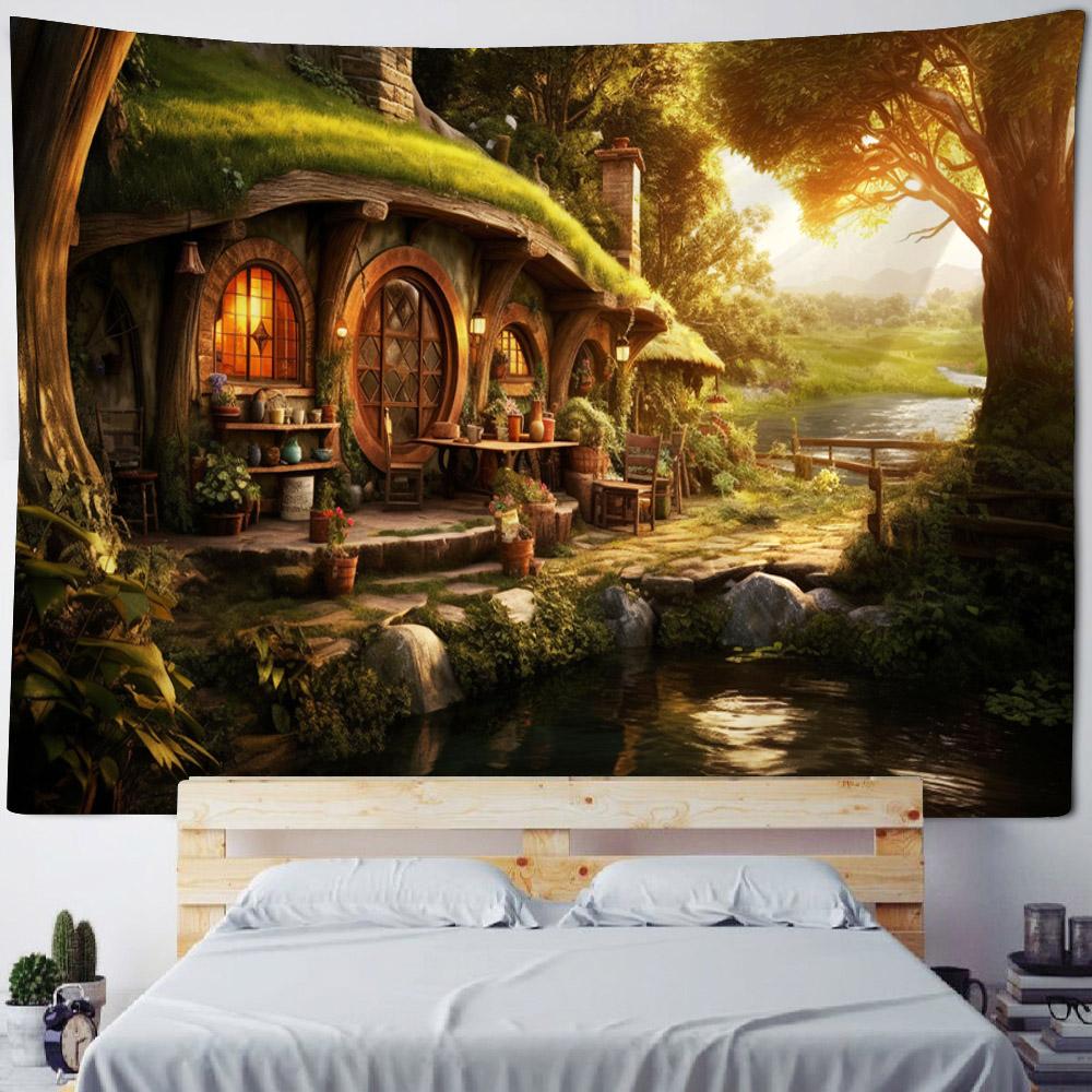 Forest wooden house tapestry landscape wall hanging, bedroom living room cartoon wall background poster, home art decoration