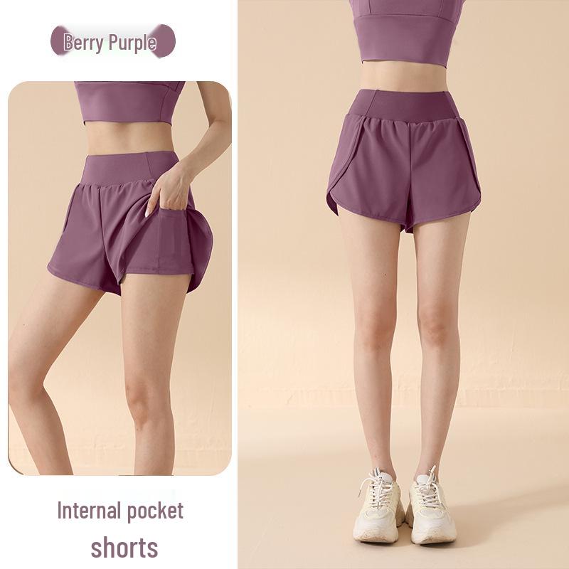 Damen Sportshorts mit hohem Bund: Fake Zweiteiler, Anti-Exposition, Lockere Passform, Seitentasche, Hüfthebung, Für Laufen & Yoga