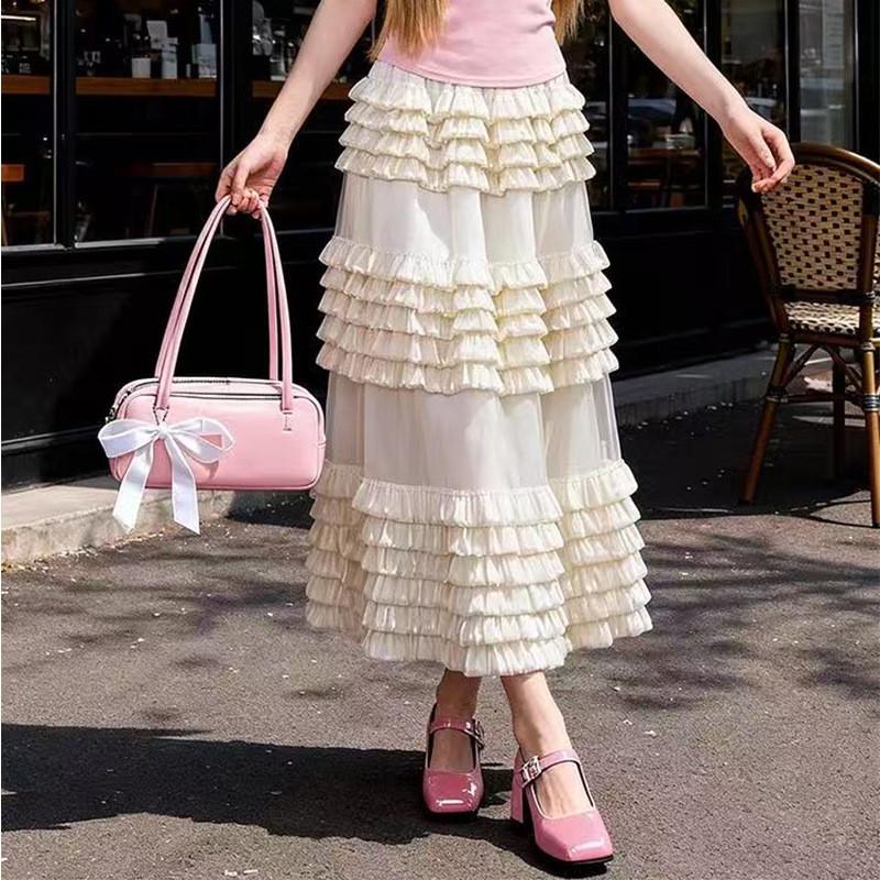 Qooth Ruffle Tulle Maxi Skirt Layered Cake High-Waisted Skirt French Ethereal Style for Party QT2860