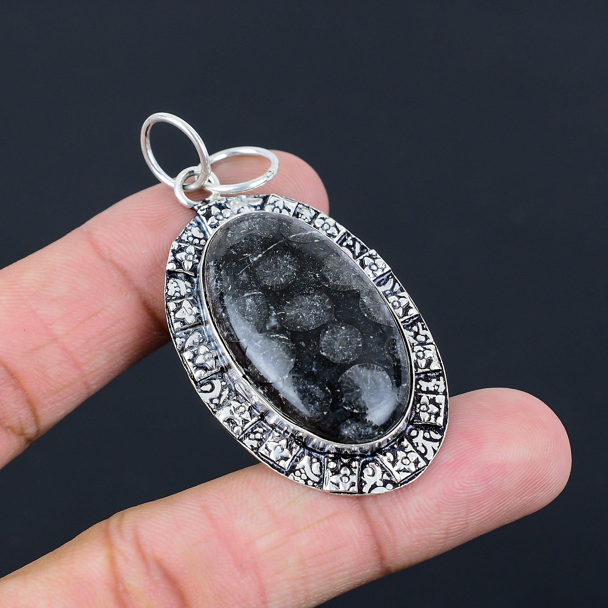 Black Fossil Coral Gemstone 925 Sterling Silver Bezel Daughter Trendy Pendant