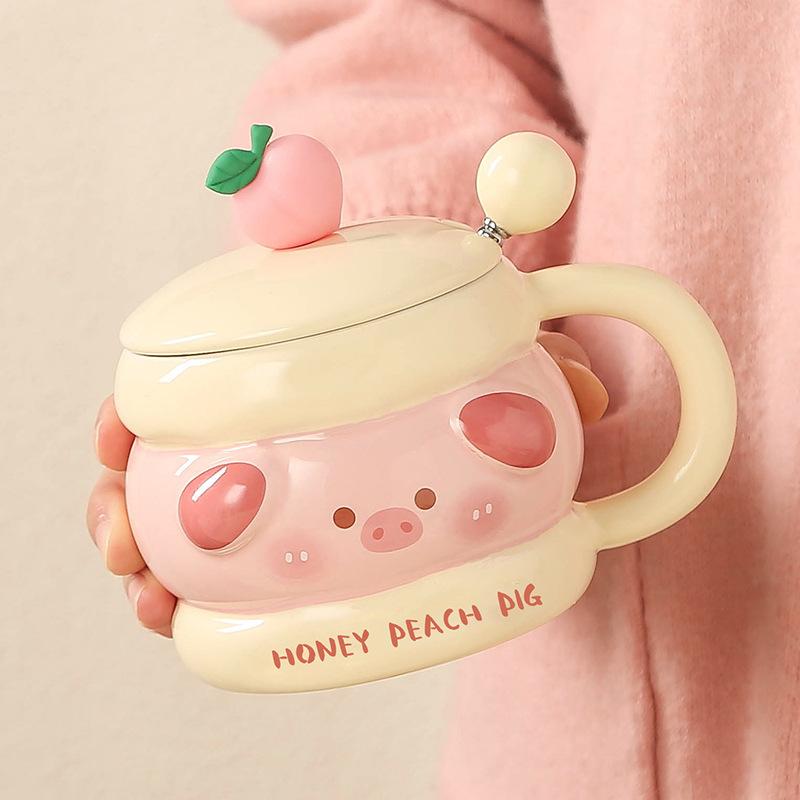 Cute Mug Ceramic Cup Girls with Lid Spoon Couple Water Cup Coffee Cup Birthday Gift Souvenir Creativity