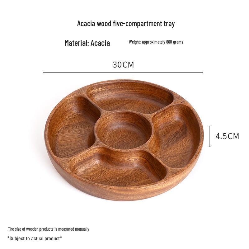 Acacia Wood Round Five-Compartment Snack Tray Round, Five-Compartment, 29x4.5cm