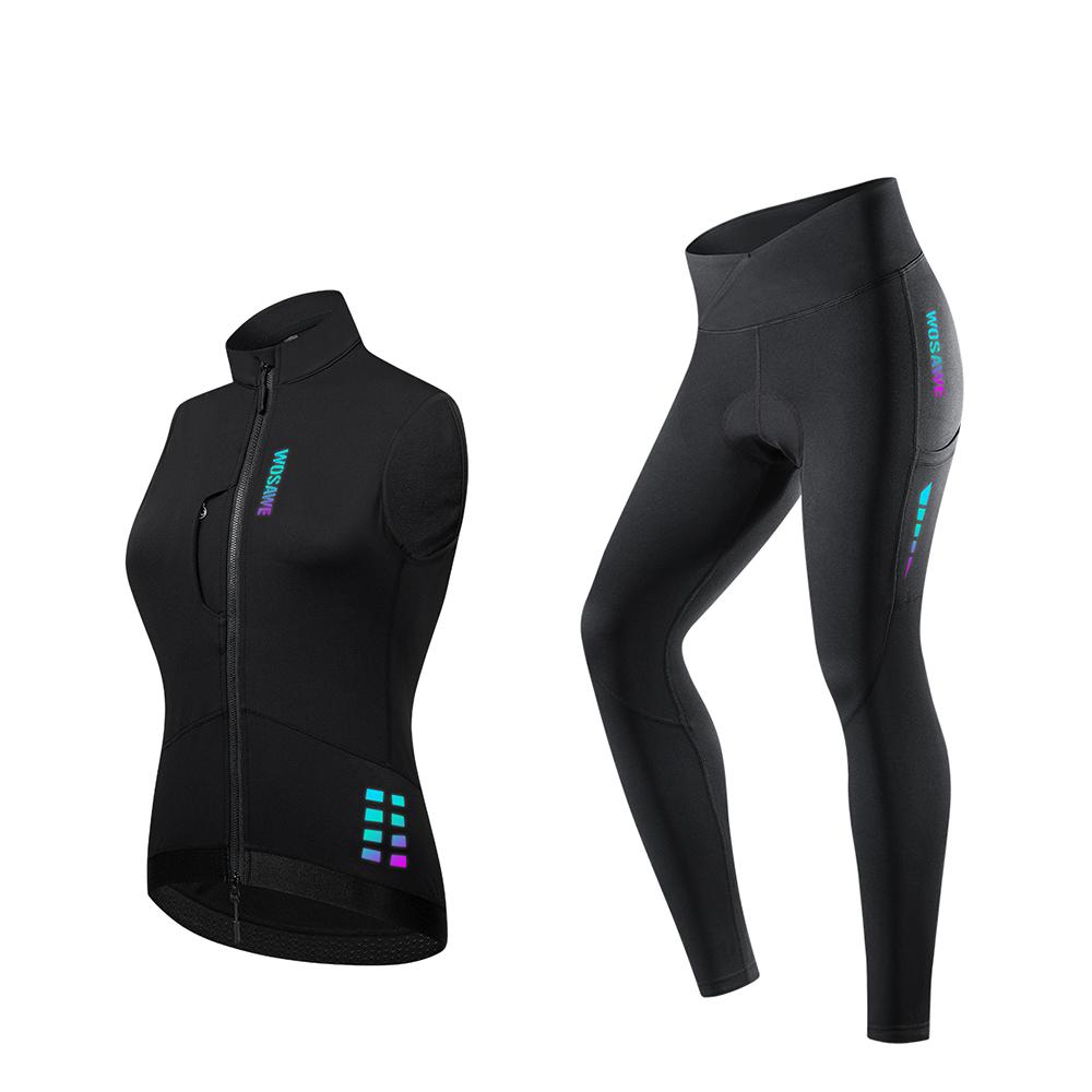 WOSAWE Fall/Winter Women's Windproof Fleece Sleeveless Warm Vest Reflective Silicone Cushion Padded Cycling Pants Road Bike Cycling Suit