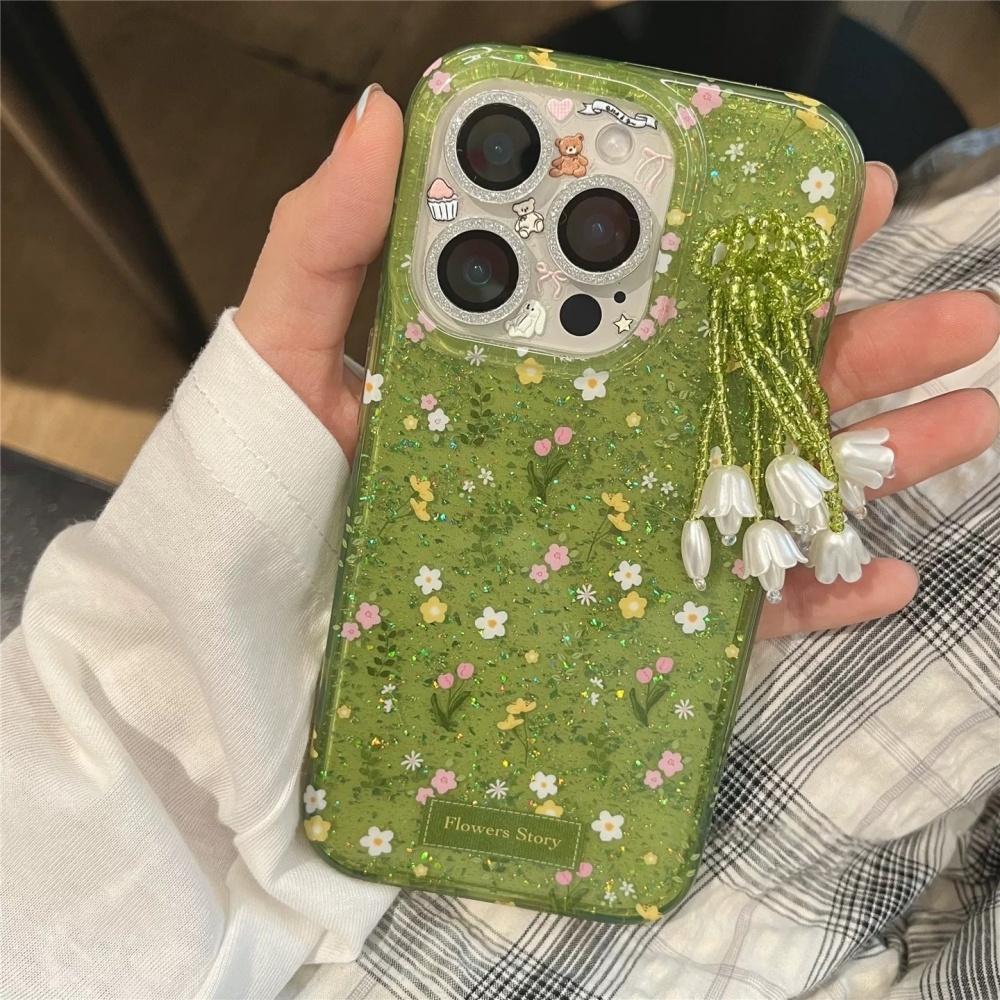 Tassel green small floral Apple phone case, new iPhone16 advanced sense 14 simple creative anti-drop all-inclusive iphone15Pro protective case iPhone 14
