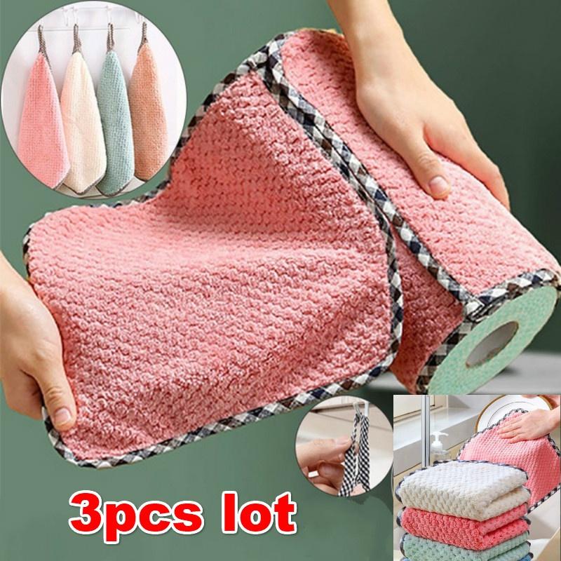 3PCS Kitchen Coral Velvet Dish Towel Rag Non-stick Oil Dish Cloth Double-sided Absorbent Thickening Scouring Pad