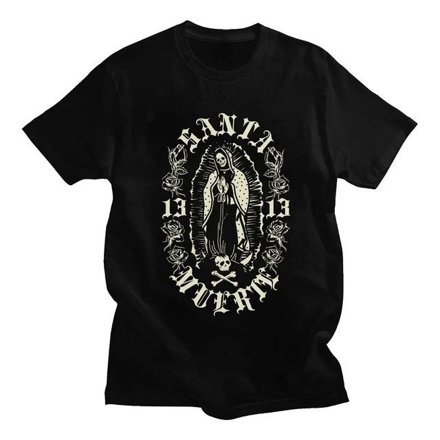 T-shirt With Graphic Print of Santa Muerte Skull Roses S