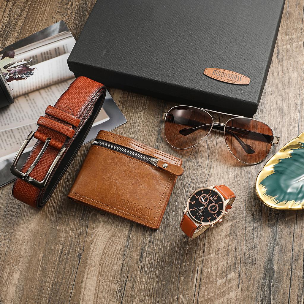 Fashion Luxury Gift Business Box Belt Wallet Glasses 4pcs Set Leather Wristwatch Quartz Men's Watches Set for Men