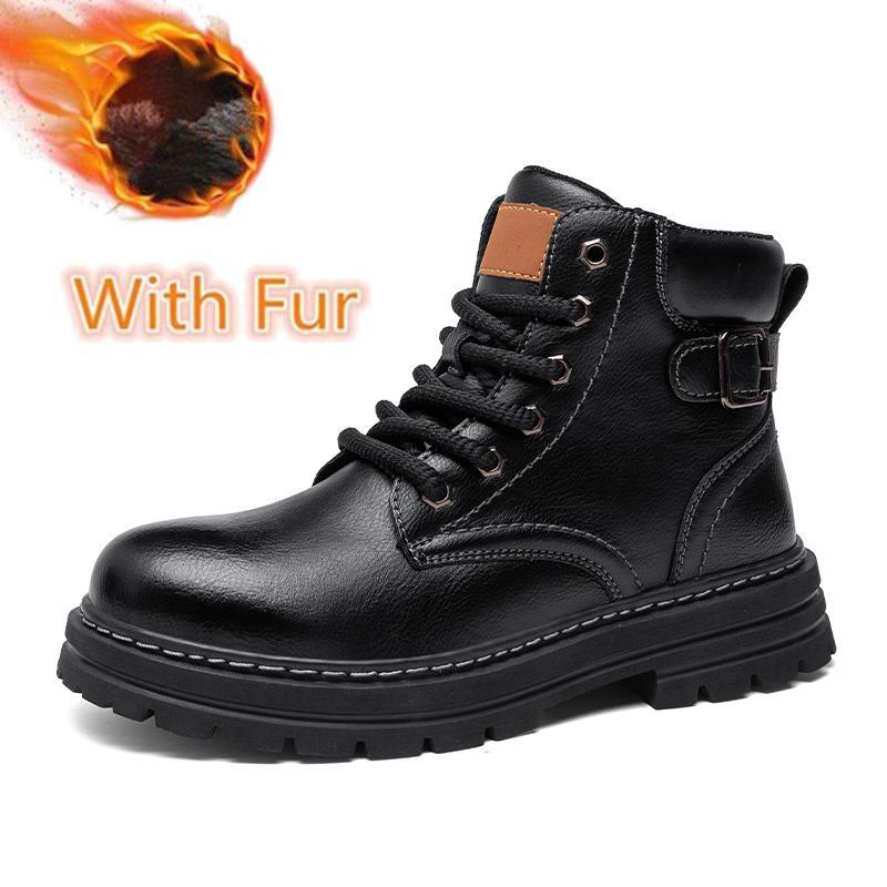 Winter Plush Snow Mens Ankle Boots All Seasons Motorcycle Boots Classic Casual Leather Shoes Handmade Male Botas Plush Fur Boots