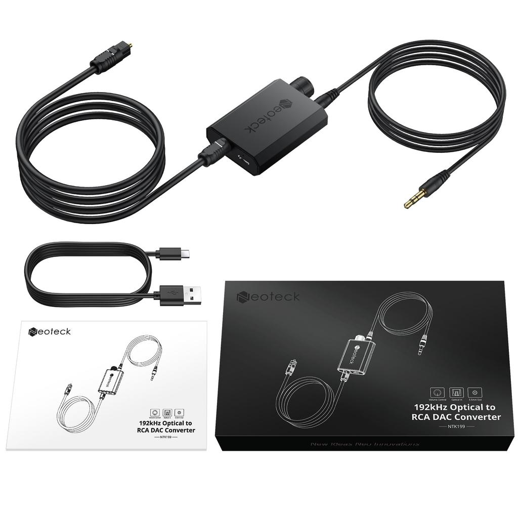 Neoteck 192kHz Digital to Analog Optical to Audio Volume Optical Cable and Compact and Lightweight Converter, 3.5mm Converter, DAC, Control, Built-in