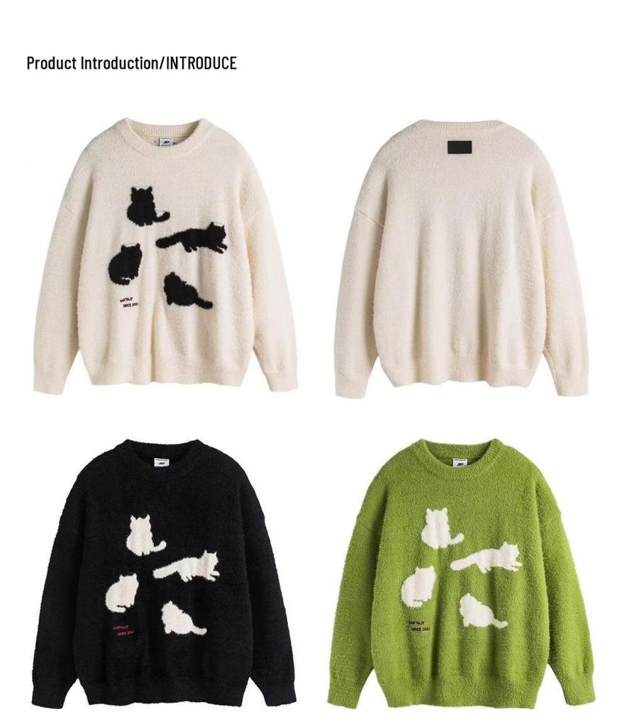 Amerikanischer Retro Cartoon Katze Jacquard Strickpullover für Damen & Herren - Herbst/Winter Trendige Lockere Jacke