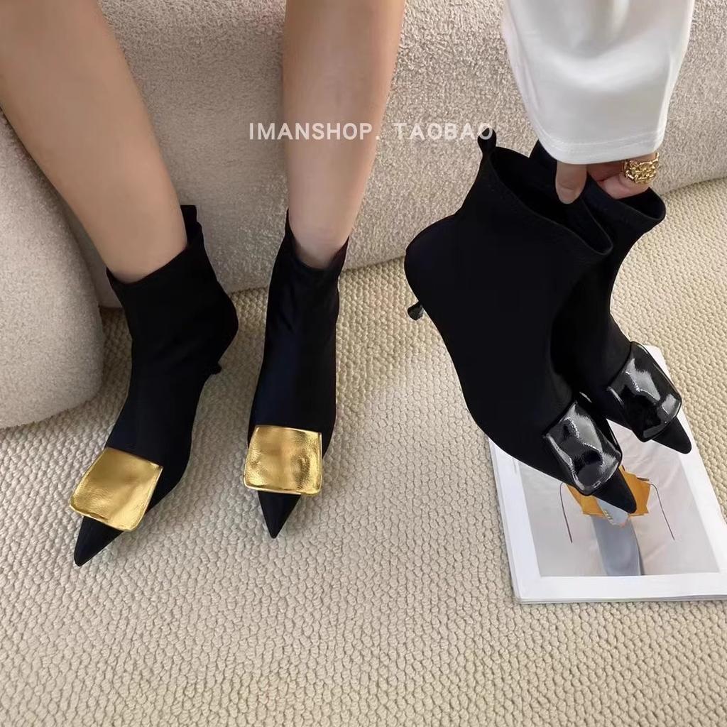 Temperament elastic thin boots women's 2025 new autumn and winter French pointed kitten and golden buckle short boots Korean version socks boots