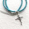 Fashion 4mm Natural Stone Turquoises Chokers Necklaces For Women Charm Light Blue&White Pendant Necklace Prayer Cross Necklace