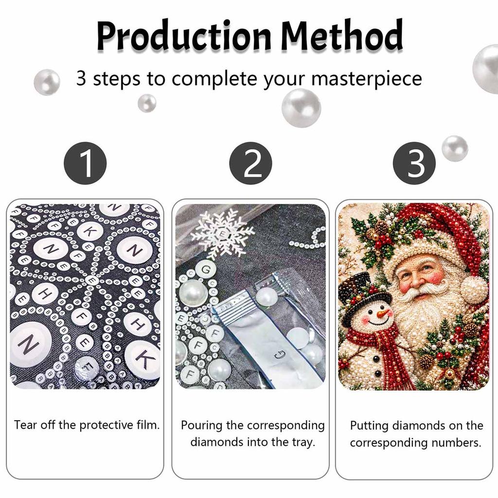 Santa Claus and Snowman Pearl Painting with Frame 3D Sparkling Canvas Art Relaxing Craft for Bedroom Wall Decor Gift Holiday Wall Art