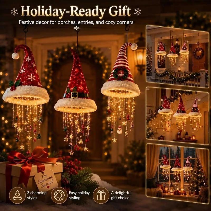LED Santa Hat Hanging Light Christmas Hat Pendant Lamp with Tassel Bell Star Ornaments Xmas New Year Party Decoration Light